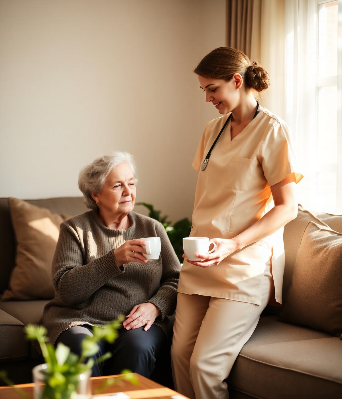 Caregiver serving tea to an elderly woman at home
