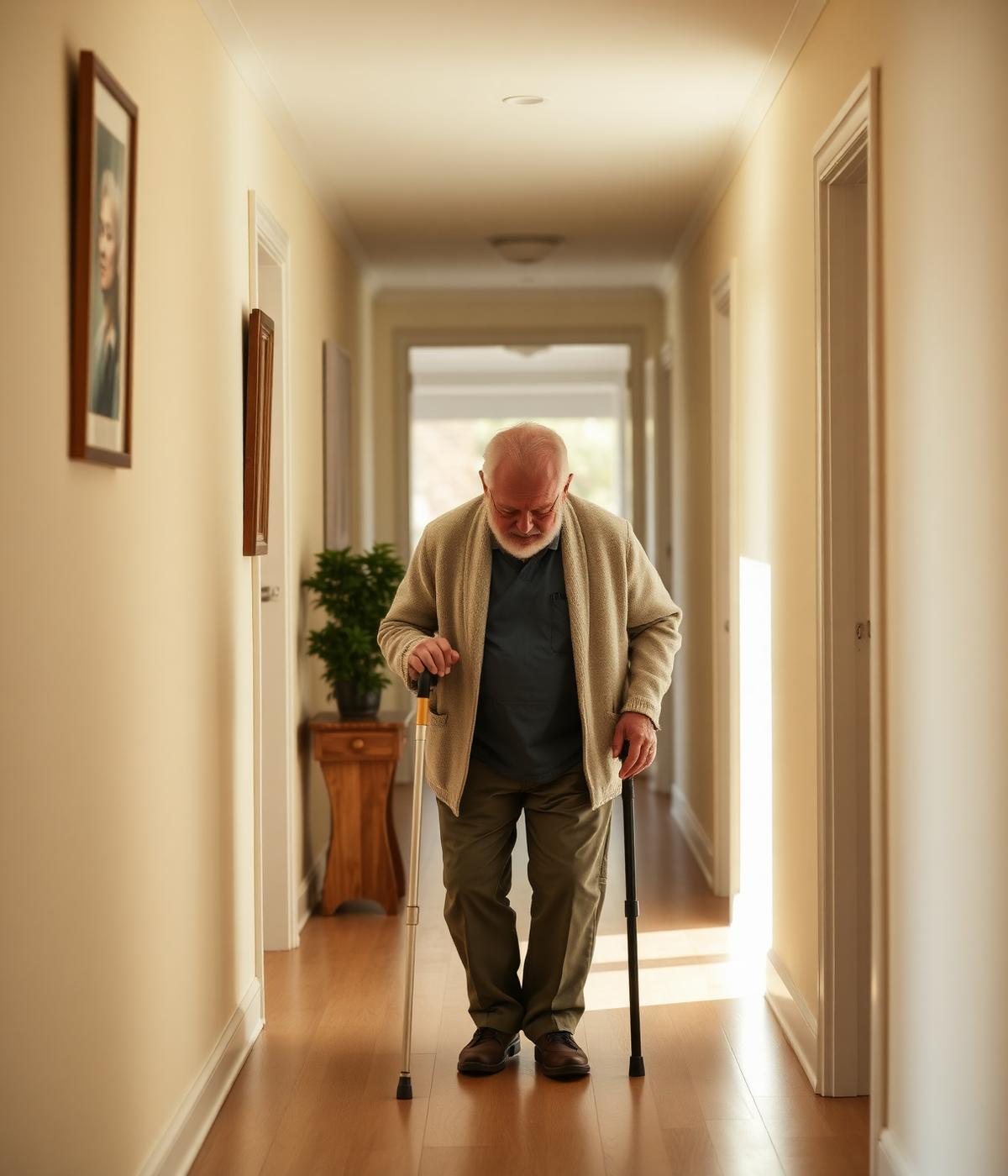 Caregiver assisting an elderly man walking with a cane