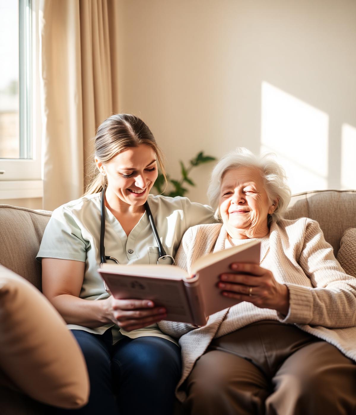 Caregiver and elderly woman reading together on a sofa