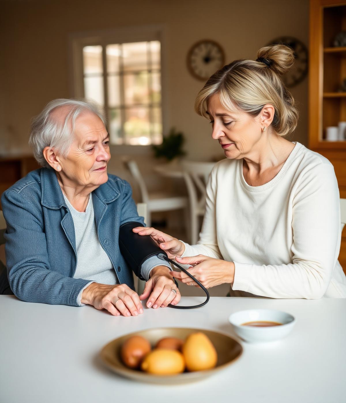Caregiver checking an elderly patient's blood pressure at home