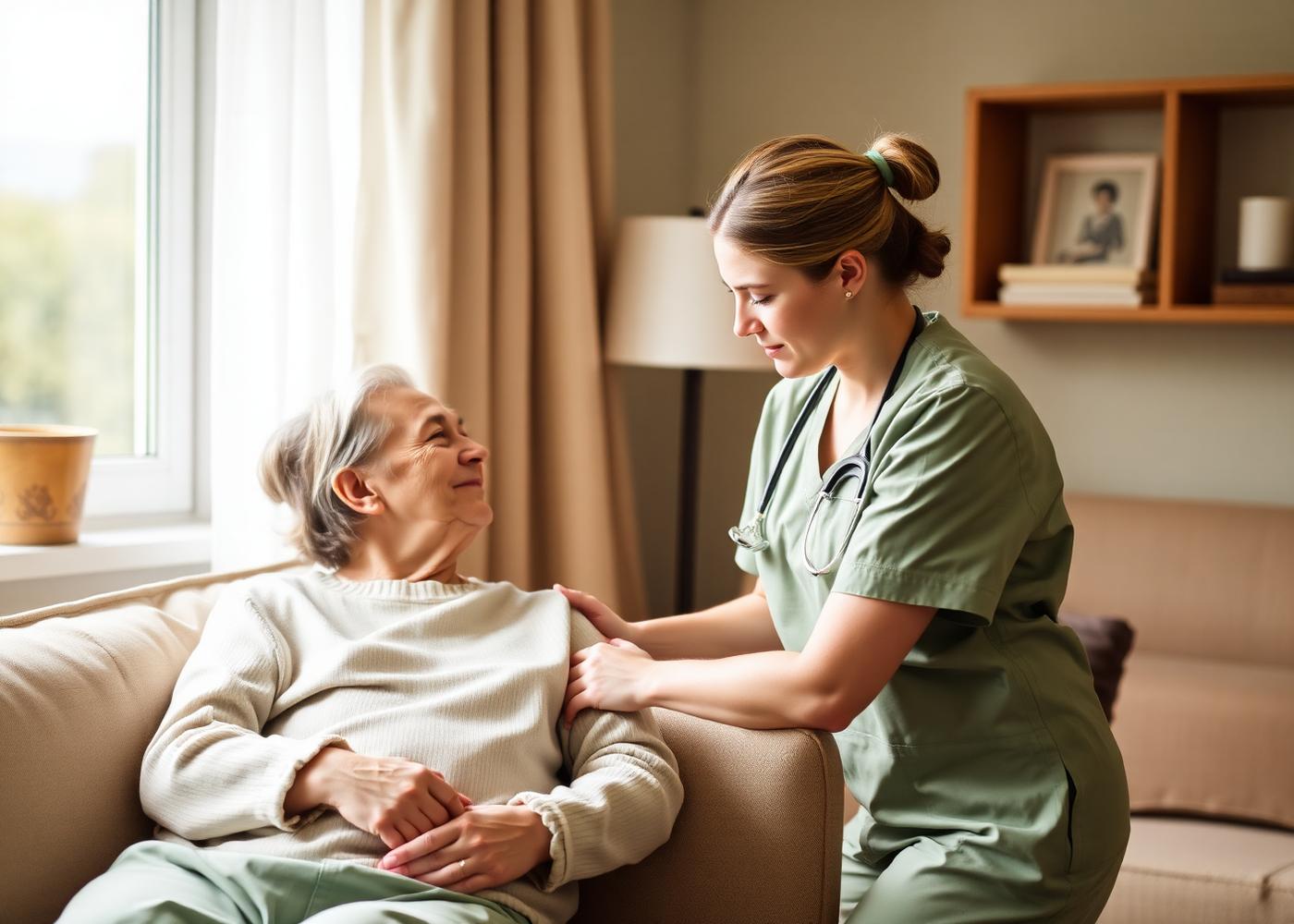 Nurse checking on an elderly patient at home